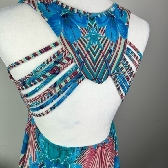 Julia Womens M Blue abstract stretchy Silk Blend sleeveless cocktail dress - Picture 7 of 7